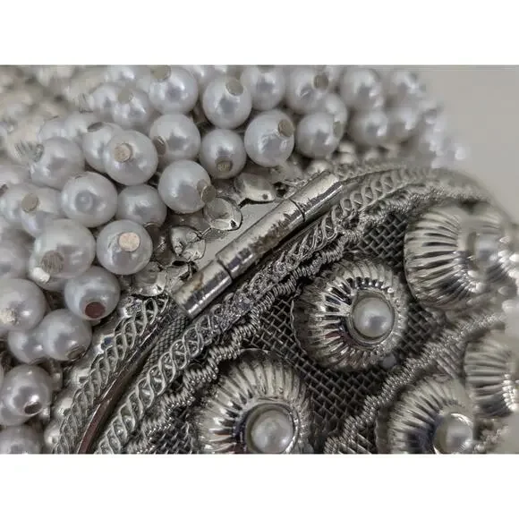 Ramla Cocktail Pearl Handmade Beaded Bag Silver Evening Clutch Purse Handbag - Picture 4 of 9